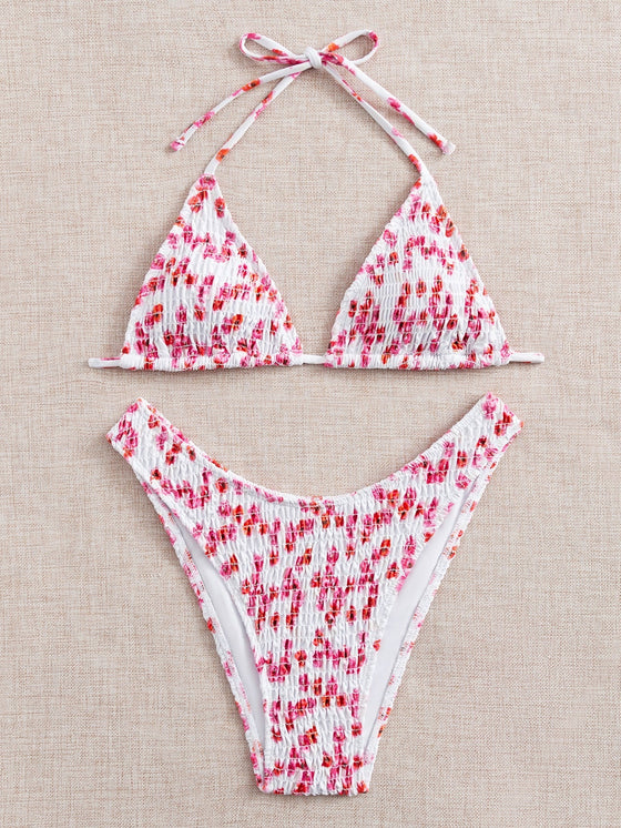 Floral Smocked Triangle Bikini Swimsuit