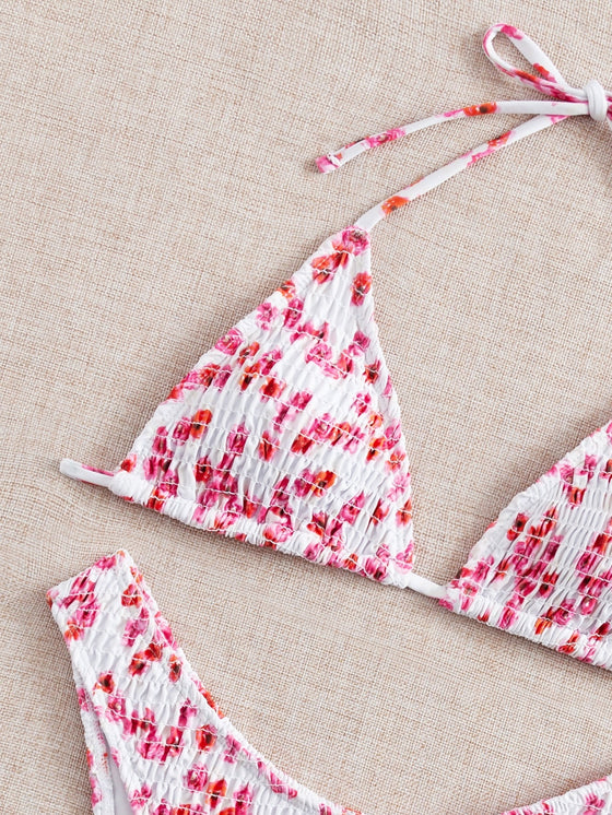 Floral Smocked Triangle Bikini Swimsuit