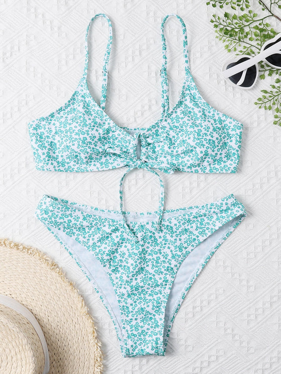 Ditsy Floral Tie Front Bikini Swimsuit