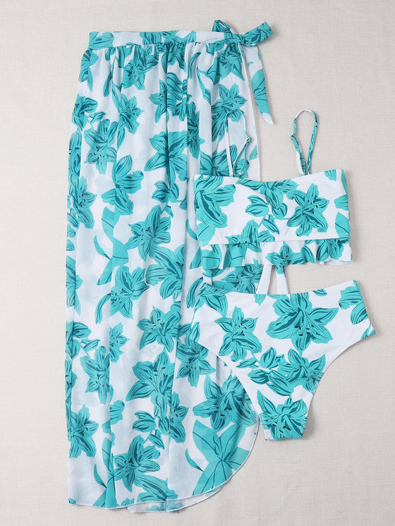 3pack Floral Graphic Knot Front Bikini Swimsuit Beach Skirt