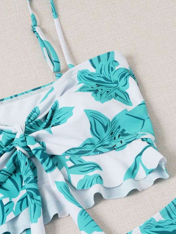 Tropical Knot Ruffle Hem Bikini Swimsuit With Beach Skirt