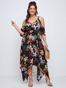  Plus Tropical Print Cold Shoulder Hanky Hem Dress