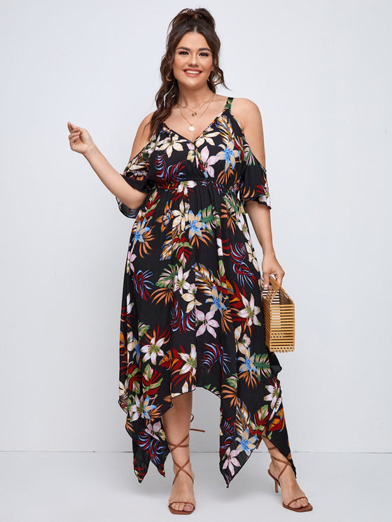 Plus Tropical Print Cold Shoulder Hanky Hem Dress