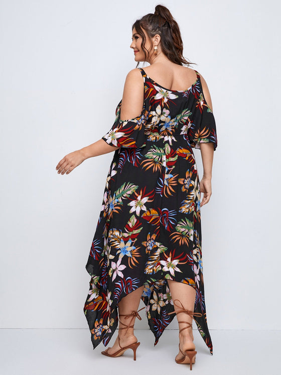 Plus Tropical Print Cold Shoulder Hanky Hem Dress