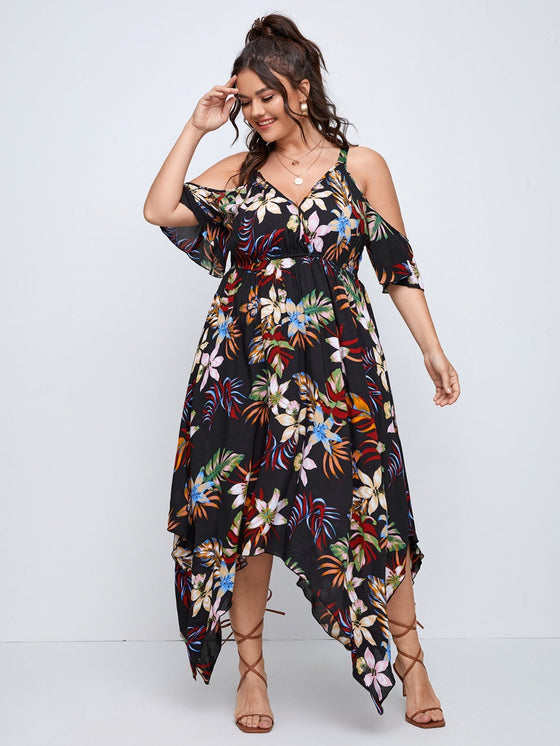 Plus Tropical Print Cold Shoulder Hanky Hem Dress