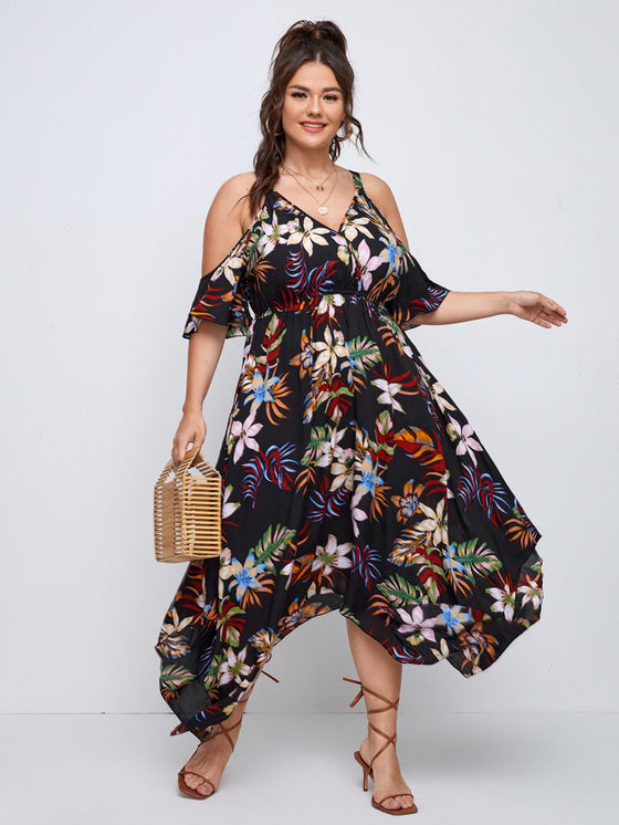 Plus Tropical Print Cold Shoulder Hanky Hem Dress