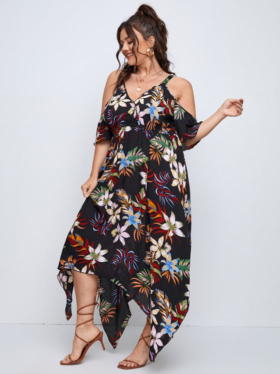 Plus Tropical Print Cold Shoulder Hanky Hem Dress