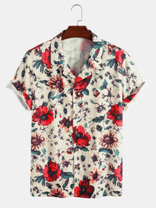  Men Floral Print Lapel Neck Shirt