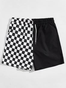  ROMWE Guys Contrast Checkerboard Drawstring Shorts