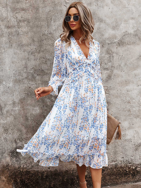 Ditsy Floral Deep V neck Ruffle Hem Dress