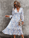 Ditsy Floral Deep V neck Ruffle Hem Dress