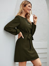 Boat Neck Bishop Sleeve Belted Dress