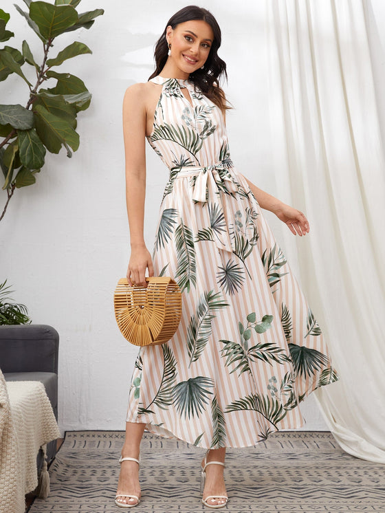 Keyhole Neck Tie Back Belted Tropical Striped Dress