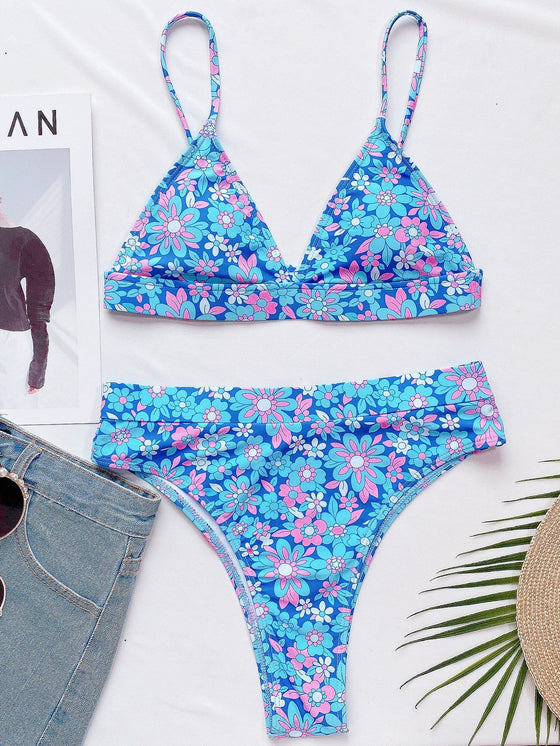 Floral Random Print V Neck Bikini Swimsuit