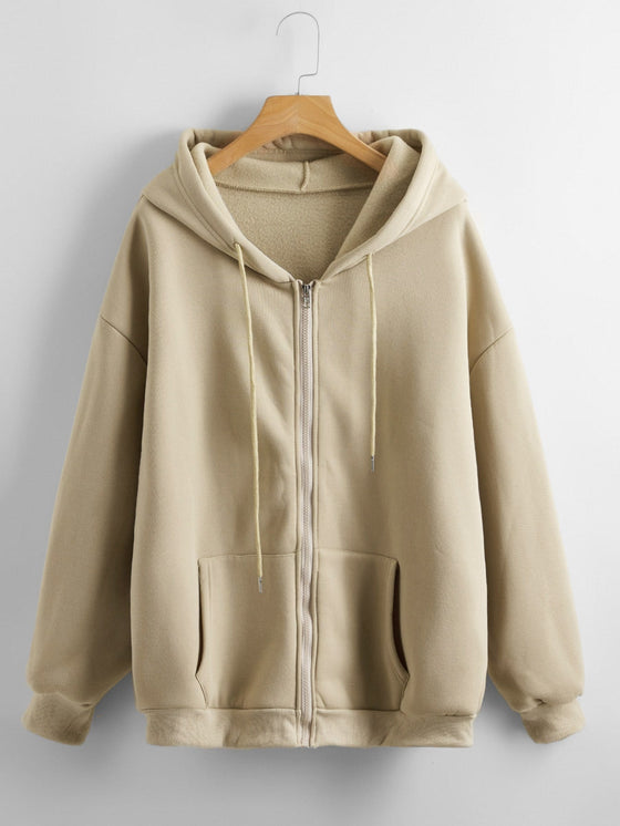 Solid Zip Up Drawstring Hooded Sweatshirt