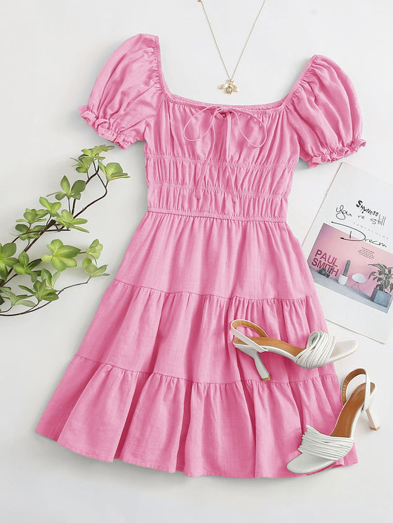 Tie Front Ruched Bust Ruffle Hem Dress