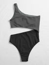 Two Tone Rib Cut out One Shoulder One Piece Swimsuit