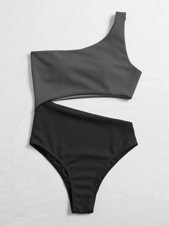 Two Tone Rib Cut out One Shoulder One Piece Swimsuit