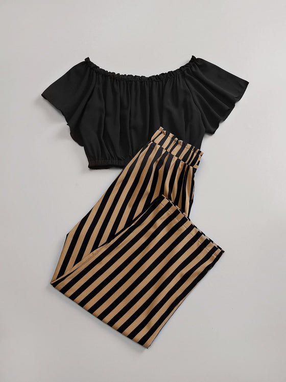 Frilled Button Bardot Top Striped Paperbag Waist Pants Set