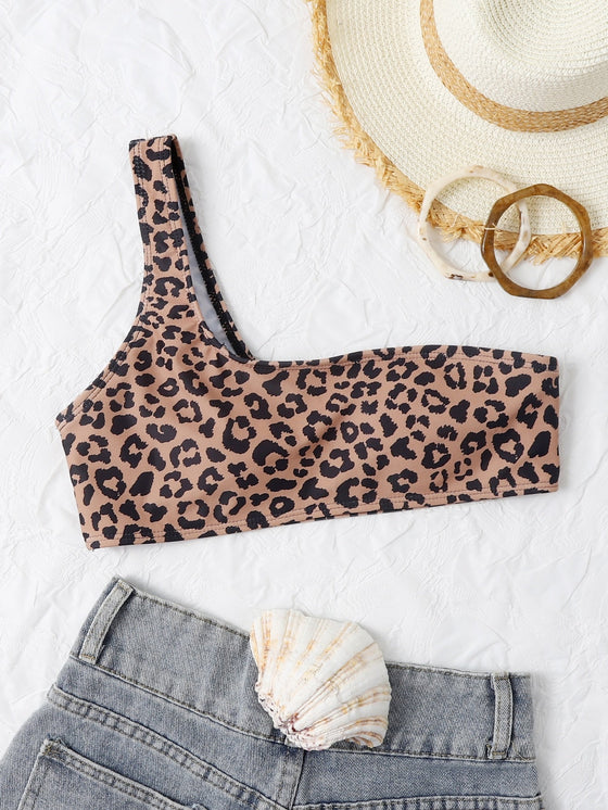 Leopard Print One Shoulder Bikini Top