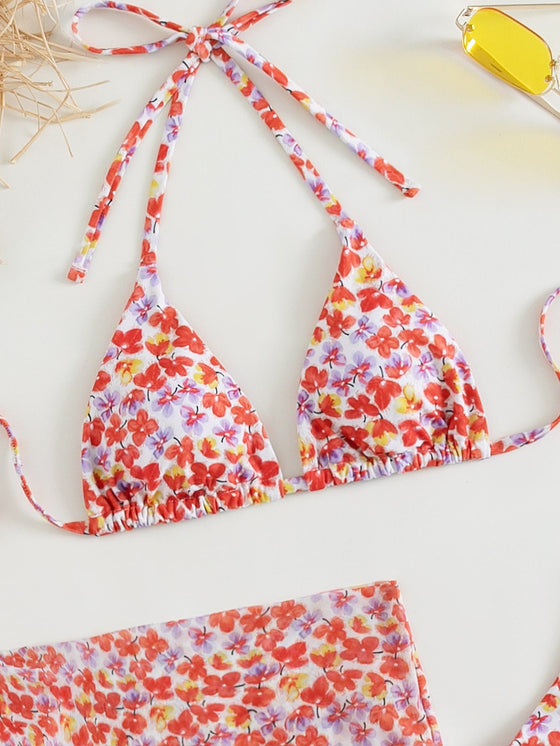 3pack Ditsy Floral Bikini Swimsuit With Beach Skirt