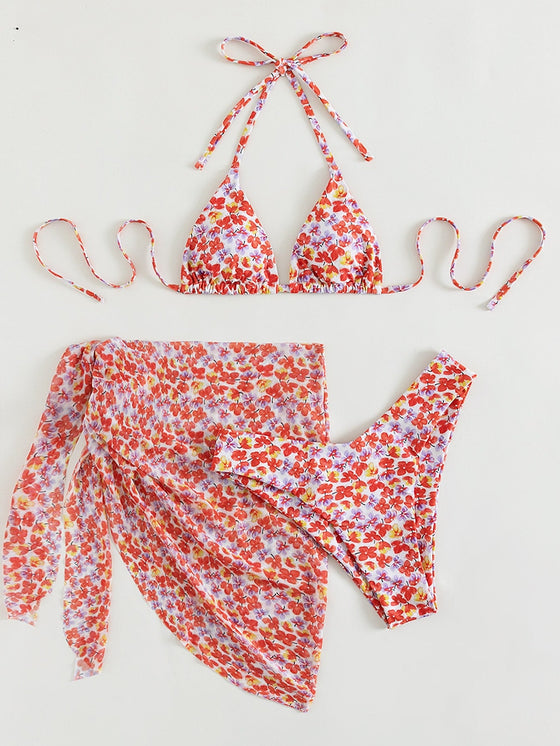 3pack Ditsy Floral Bikini Swimsuit With Beach Skirt