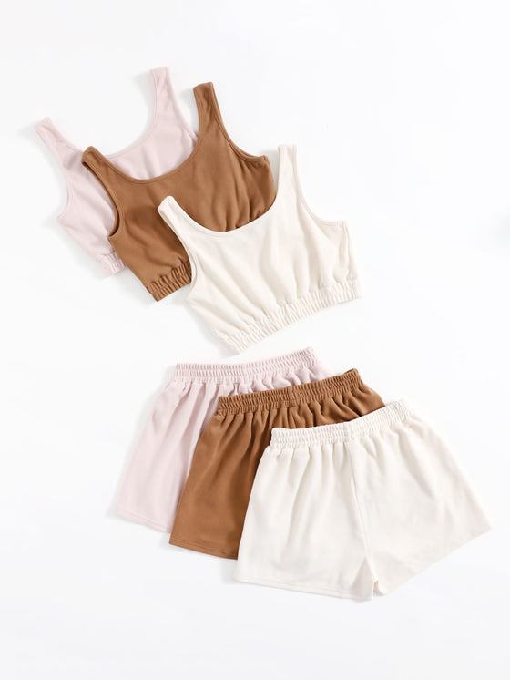 3sets Solid Tank Top Tie Waist Shorts Lounge Set