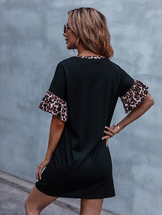 Contrast Leopard Flounce Sleeve Tee Dress