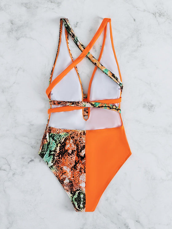 Snakeskin Knot Front Plunging One Piece Swimsuit