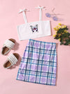 Girls Butterfly Bow Shoulder Cami Top Plaid Skirt