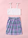 Girls Butterfly Bow Shoulder Cami Top Plaid Skirt