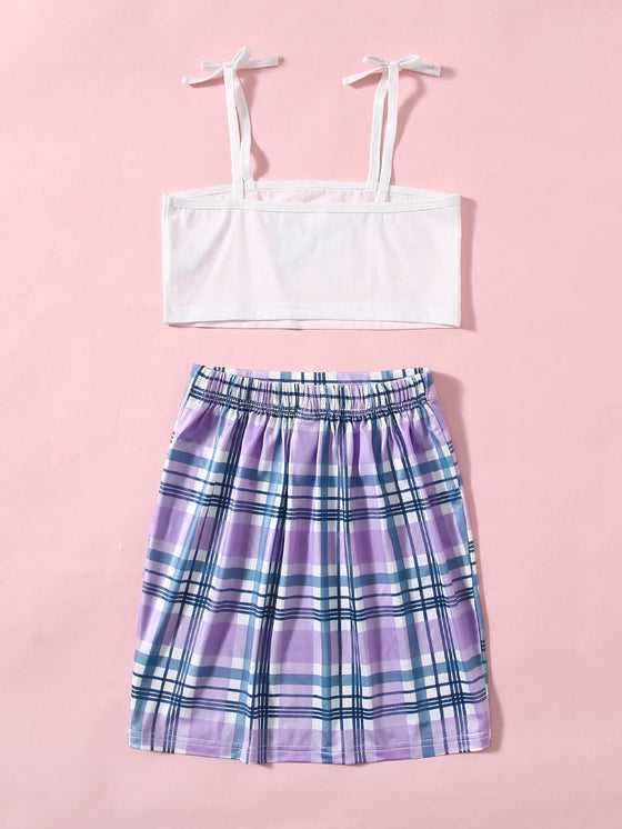 Girls Butterfly Bow Shoulder Cami Top Plaid Skirt