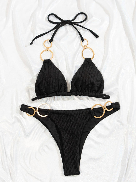 Ring Linked Halter Triangle Bikini Swimsuit