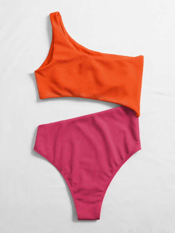 Two Tone Cut out One Shoulder One Piece Swimsuit