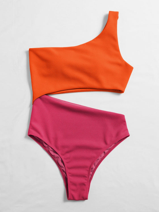 Two Tone Rib One Shoulder One Piece Swimsuit