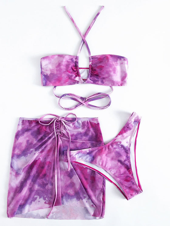 3pack Tie Dye Drawstring Bikini Swimsuit With Cover Up