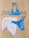 3pack Water Wave Print Bikini Swimsuit With Beach Skirt