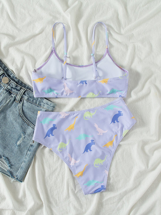 Dinosaur Random Print High Waisted Bikini Swimsuit