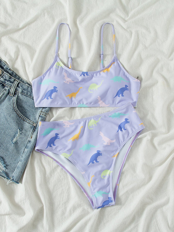 Dinosaur Random Print High Waisted Bikini Swimsuit