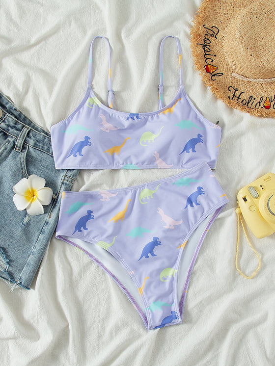 Dinosaur Random Print High Waisted Bikini Swimsuit