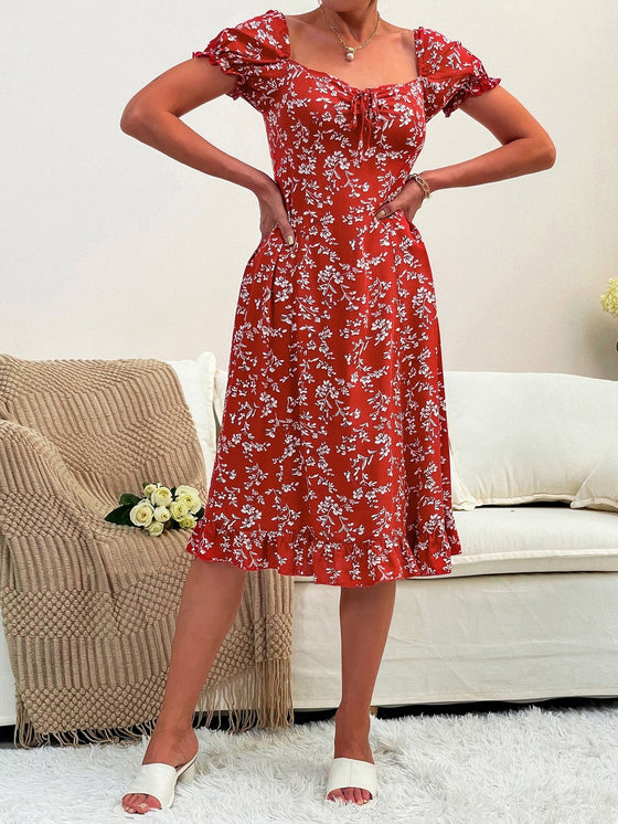 Ditsy Floral Tie Front Ruffle Hem Milkmaid Dress