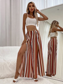  Shirred Crop Cami Top With Striped Split Wide Leg Pants