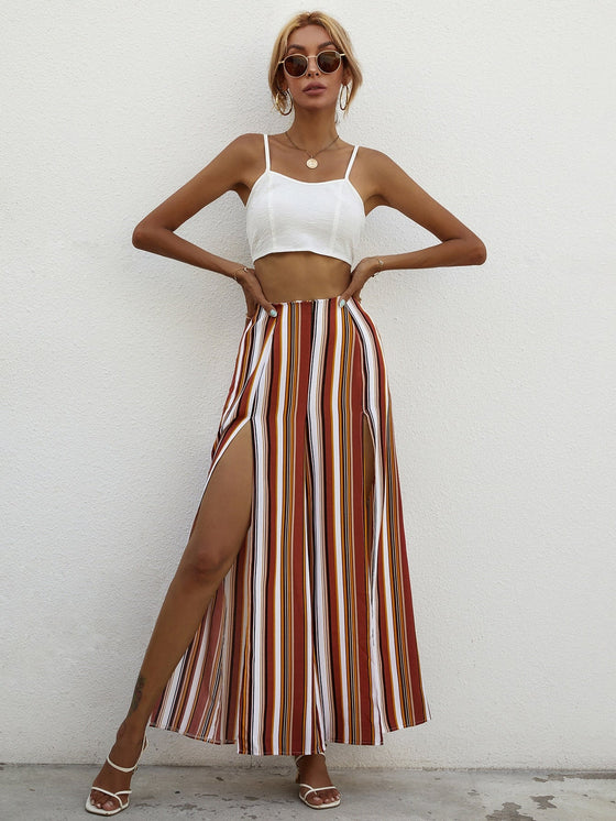 Shirred Crop Cami Top With Striped Split Wide Leg Pants