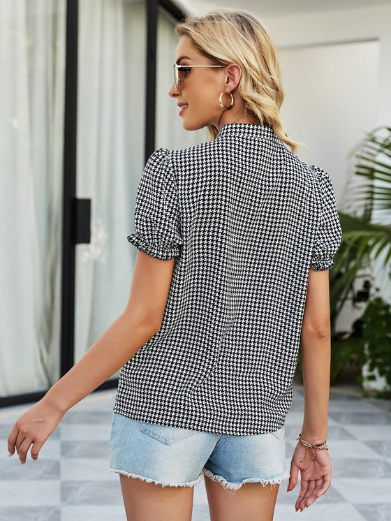 Houndstooth Puff Sleeve Blouse