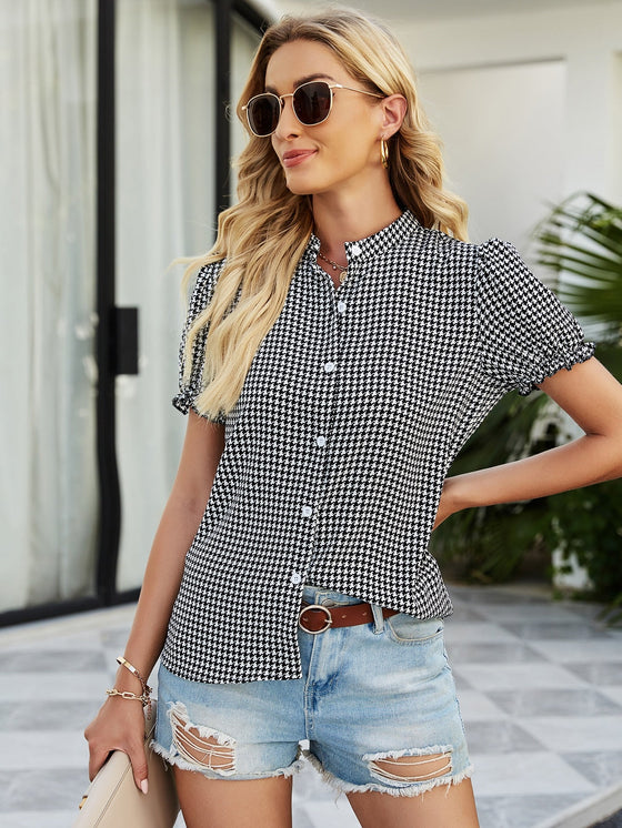 Houndstooth Puff Sleeve Blouse