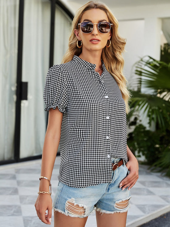 Houndstooth Puff Sleeve Blouse