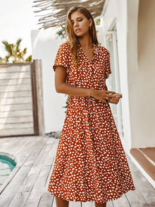  Dalmatian Print Drawstring Waist A line Dress