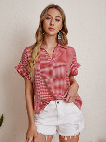  Notch Neck Gingham Blouse