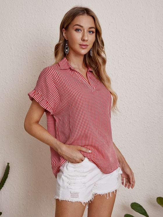 Notch Neck Gingham Blouse