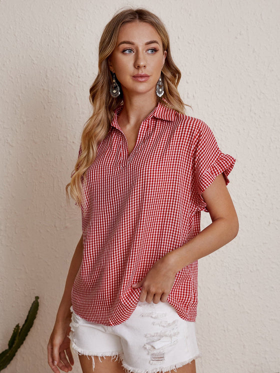 Notch Neck Gingham Blouse